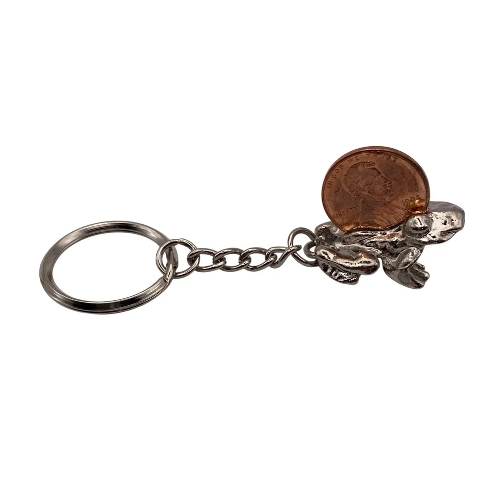 Vintage Pewter Frog Keychain with 1993 Penny Silver Tone Toad Animal Charm